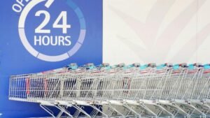 Row of shopping trolleys outside a 24-hour supermarket in Singapore, emphasizing convenience and accessibility.