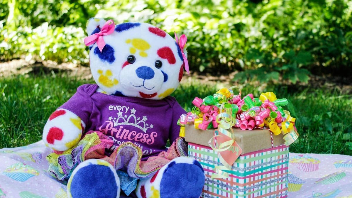 Colorful teddy bear with a wrapped gift box outdoors on a sunny day.