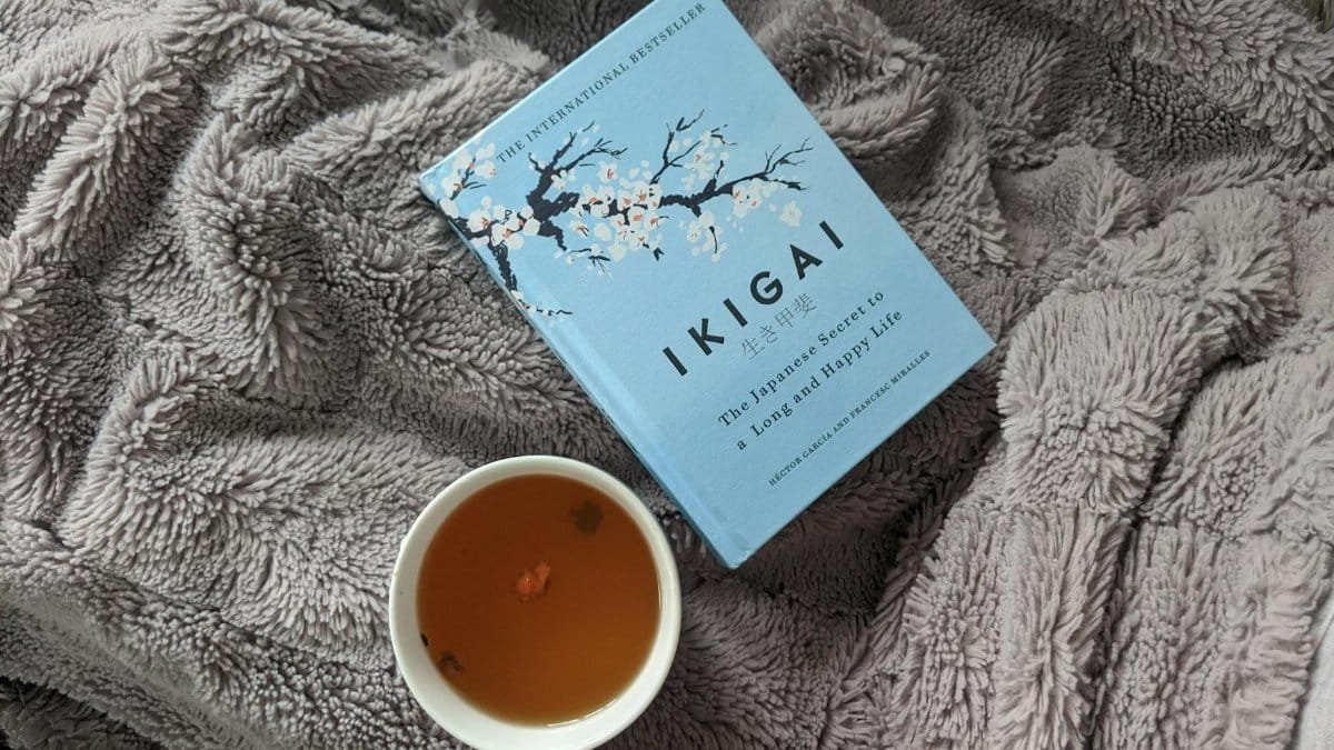 Enjoy a relaxing day with Ikigai and a cup of tea on a soft blanket, perfect for leisure time.