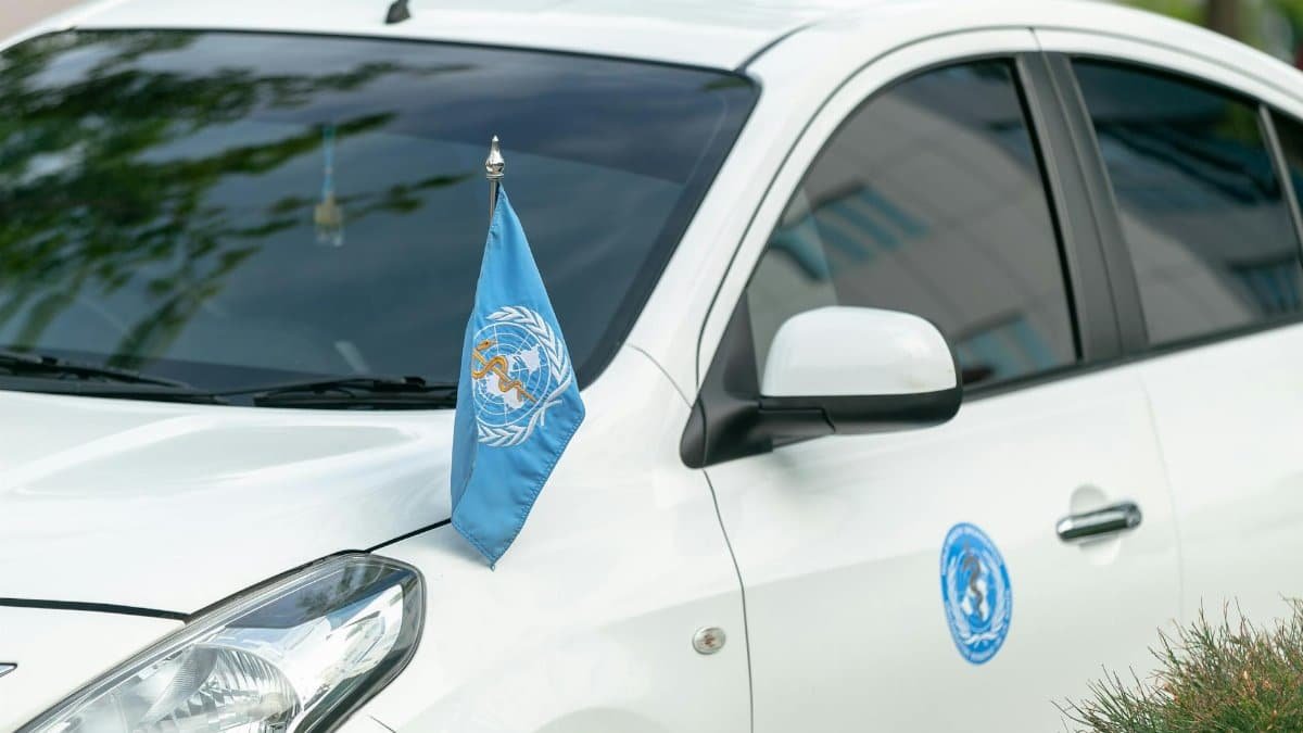 Contemporary white car decorated with blue World Health Organization flag and sticker parked on street
