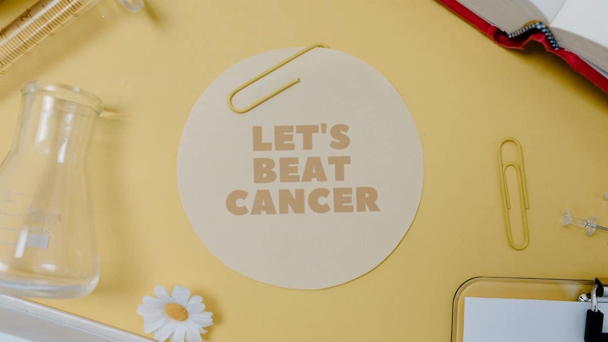 Flat lay with "Let's Beat Cancer" message, encouraging medical and inspirational themes.