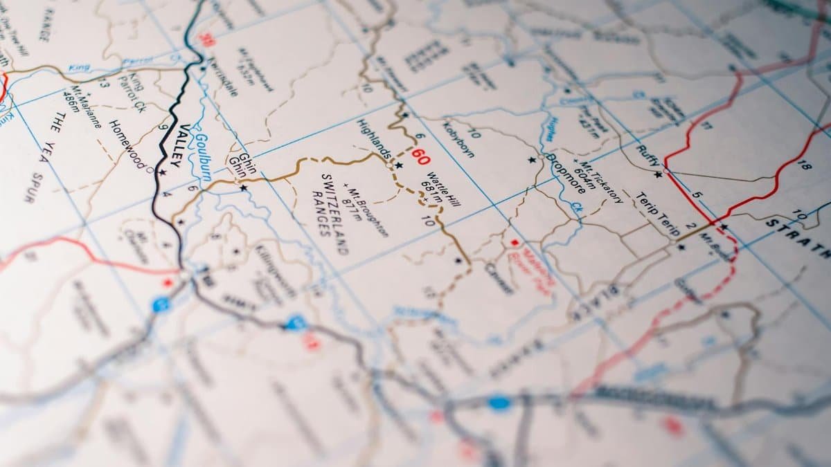 Close-up of a detailed road map highlighting highways and routes.