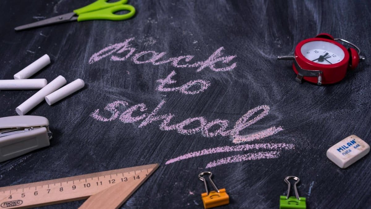 An arrangement of school supplies with 'back to school' written on a chalkboard.