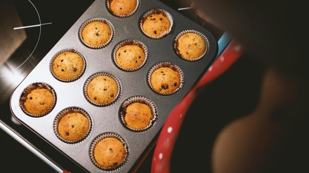 A tray of freshly baked chocolate chip muffins taken out of the oven.