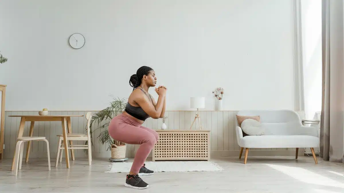 Woman in activewear doing squats at home, promoting a healthy lifestyle and fitness routine.