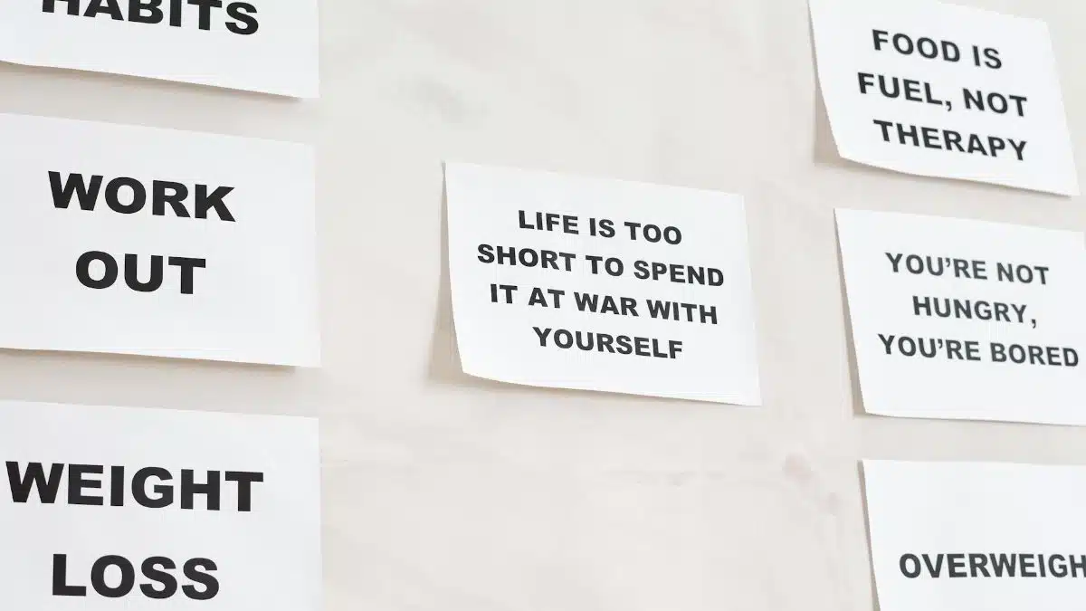 Motivational quotes on white paper promoting healthy habits and lifestyle changes.