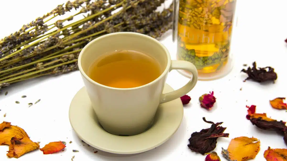 A soothing herbal tea in a cup surrounded by colorful dried flowers and a lavender bouquet on a white backdrop.