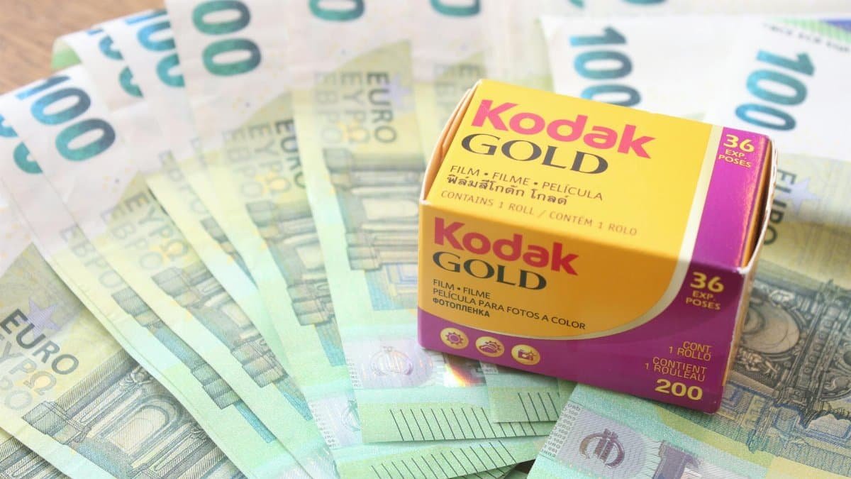 Kodak Gold 200 film box on a spread of Euro banknotes, symbolizing the value of photography.