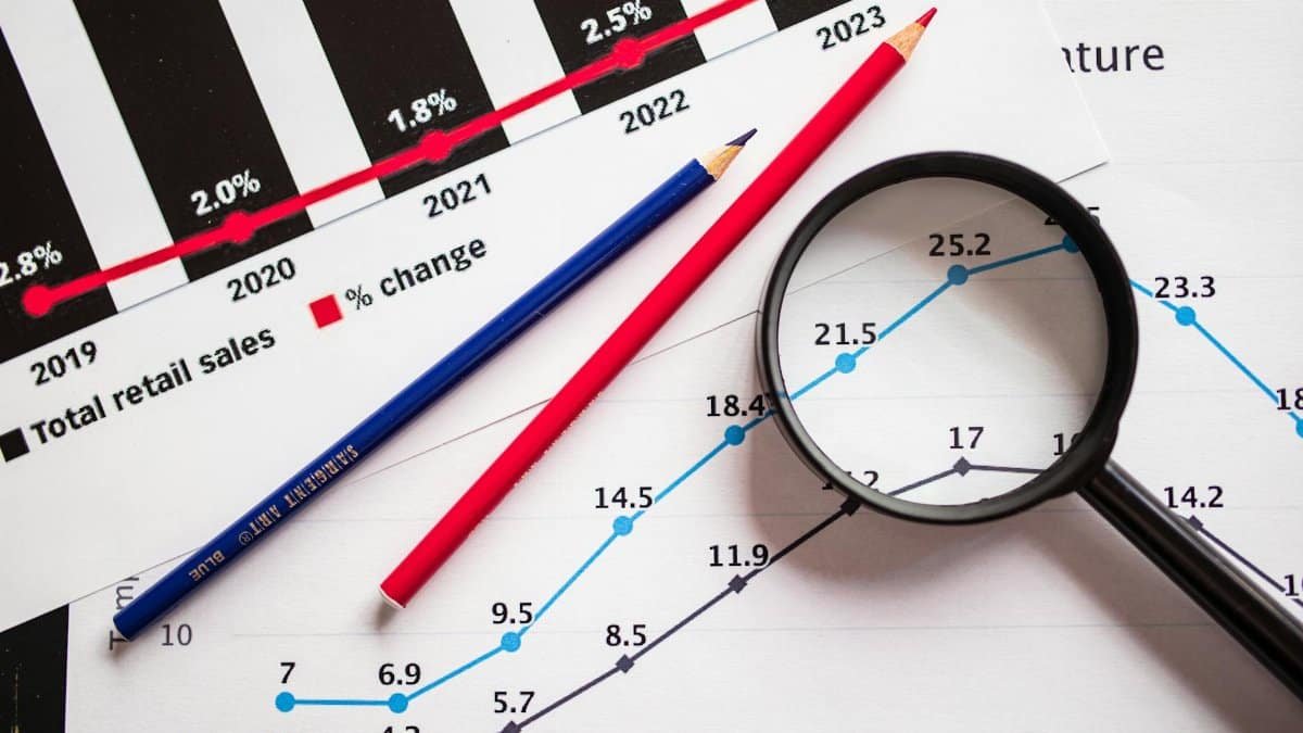 Magnifying glass and colored pencils on financial trend graphs highlighting sales growth.