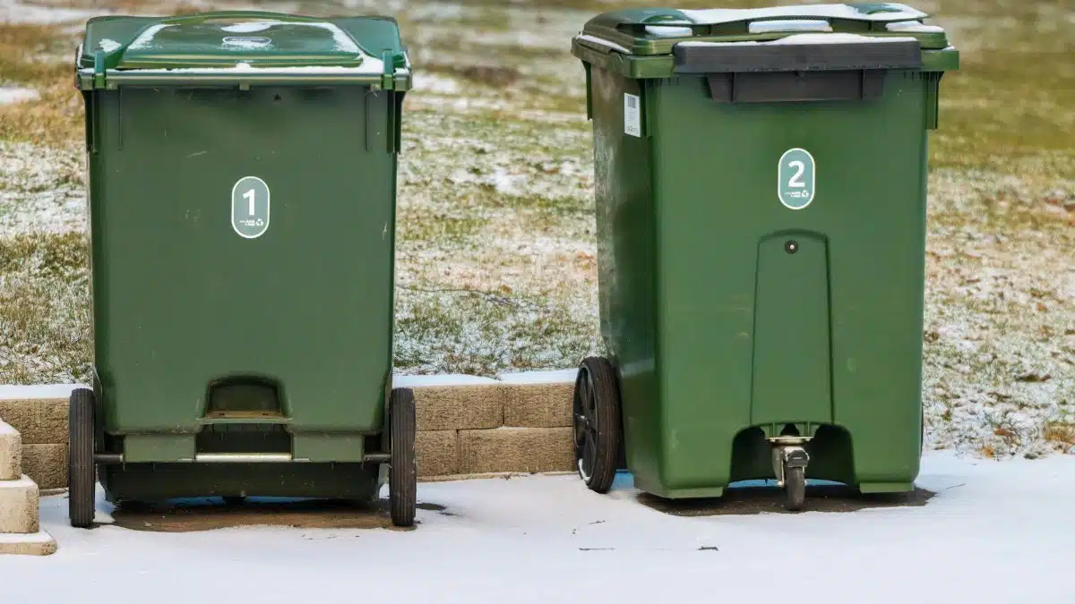 Two green garbage bins on a snowy day in Jönköping, Sweden.