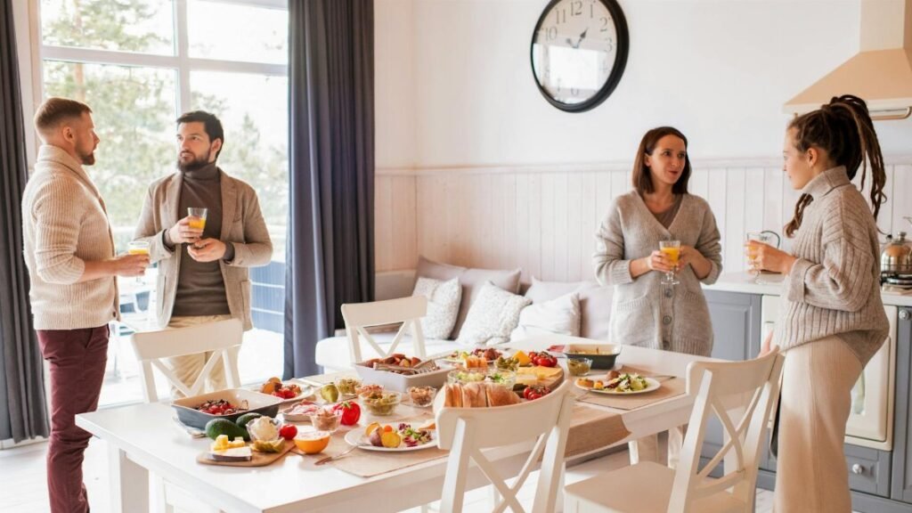 Friends enjoying a cozy brunch indoors with a full spread of delicious food and drinks.