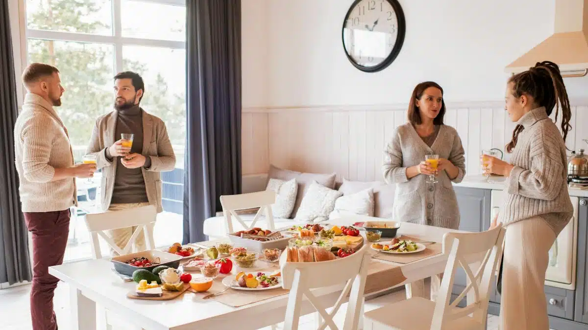 Friends enjoying a cozy brunch indoors with a full spread of delicious food and drinks.