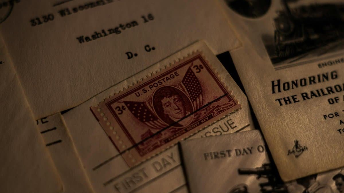 Close-up of a vintage U.S. postage stamp on an old letter with historical details.