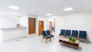 Bright and clean medical waiting room with modern seating and decor.