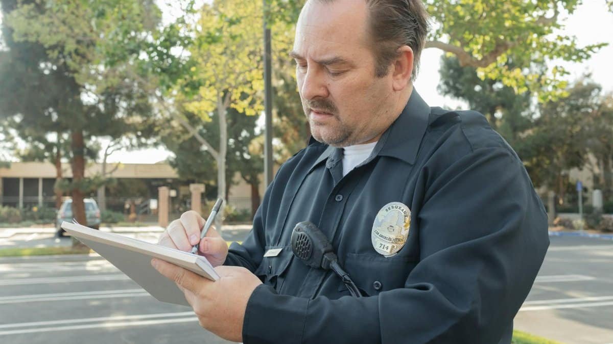 A police officer outdoors writing a report on a notepad. Trees in the background.