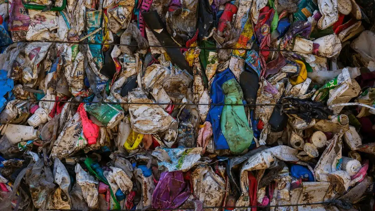 A visually striking wall of compressed, multicolored plastic waste highlighting recycling and consumerism concerns.