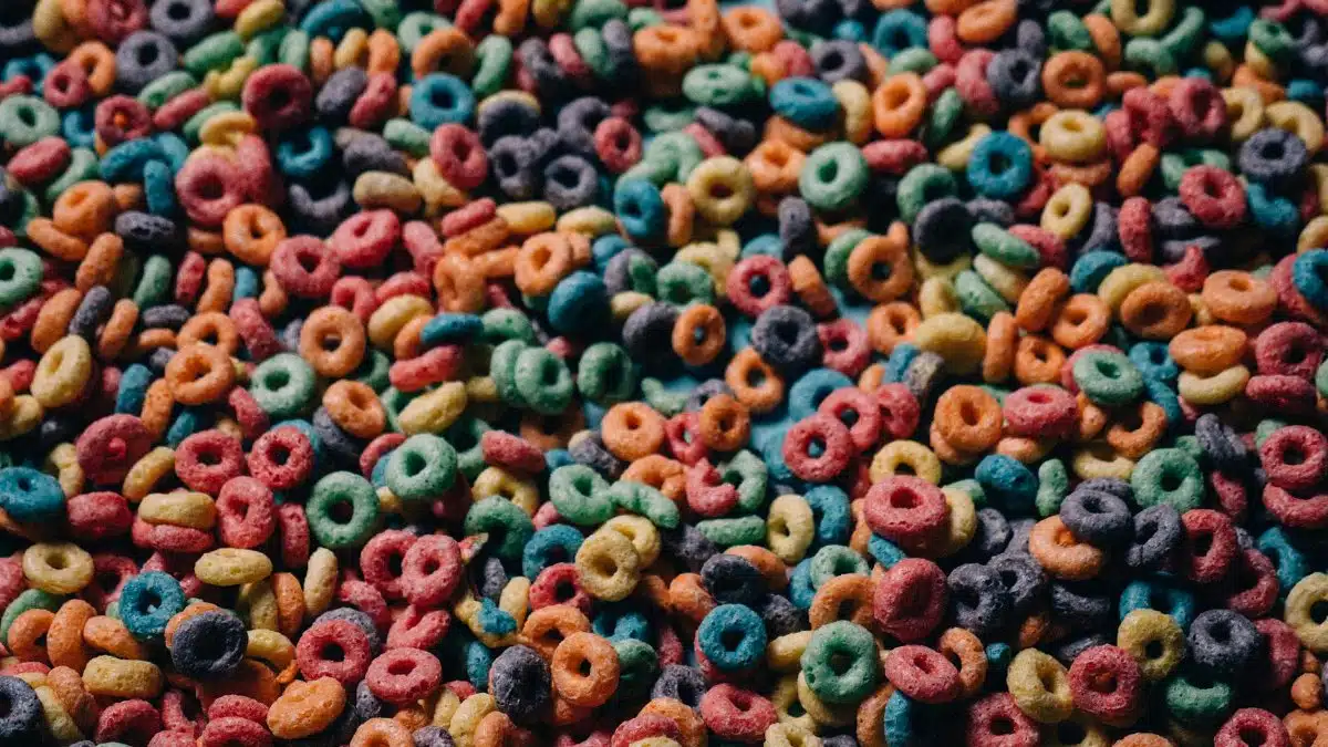 A vibrant close-up of multicolored cereal loops, capturing their playful texture and color.