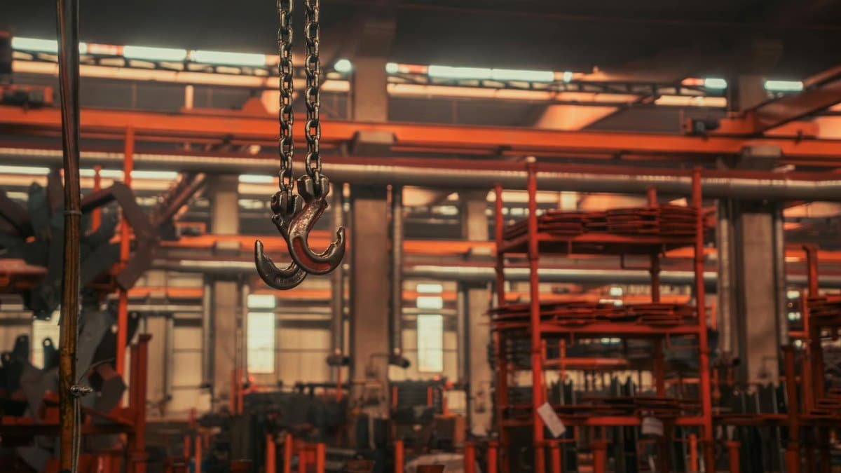 Interior of an industrial warehouse featuring overhead crane hooks and stacked metalwork.