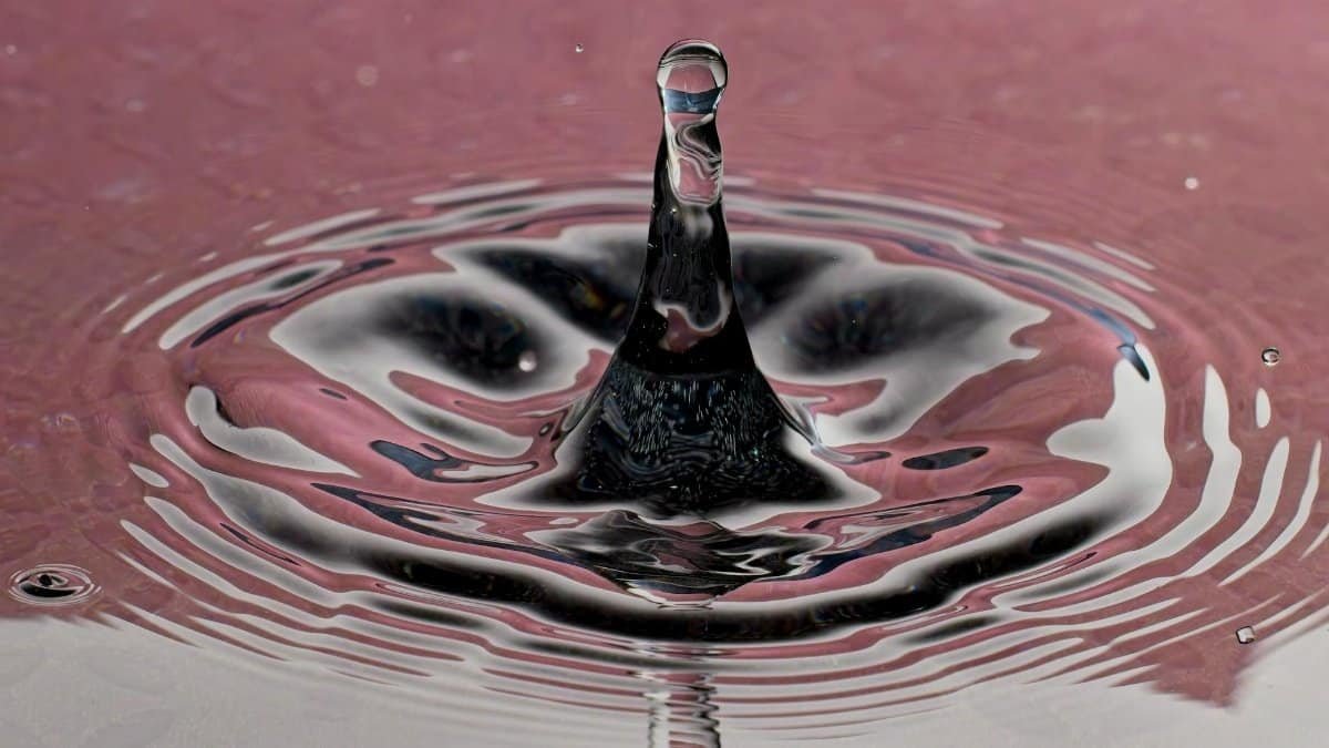 Captivating water droplet splash creating ripples on a pink surface, showcasing the beauty of fluid dynamics.