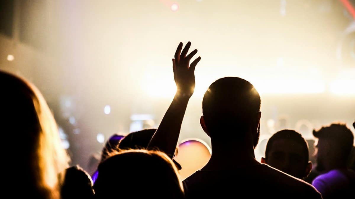 Silhouette of people enjoying a vibrant party indoors, with a focus on the nightlife atmosphere.