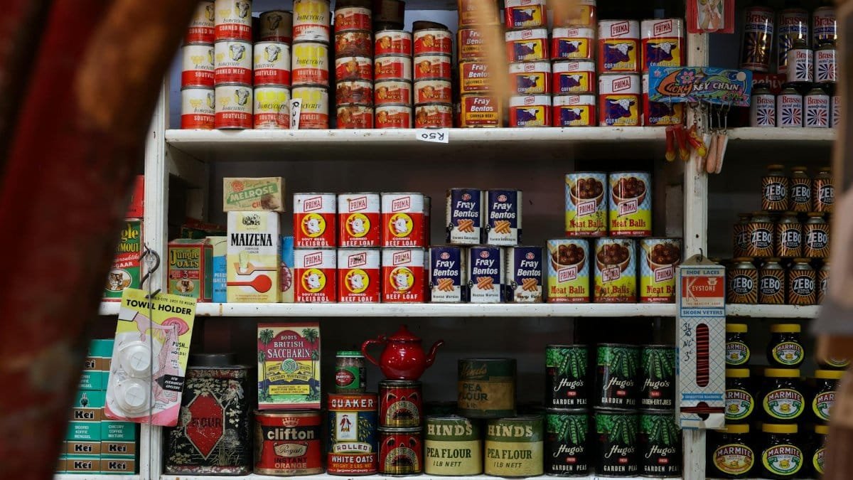 Explore classic canned goods on vintage grocery store shelves, showcasing nostalgic packaging and colors.