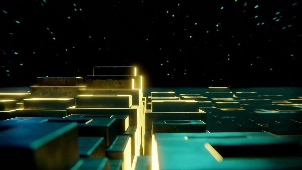 Futuristic digital landscape with illuminated blocks and a starry backdrop.