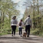 A family enjoying a walk with their dog on a picturesque forest path in spring.