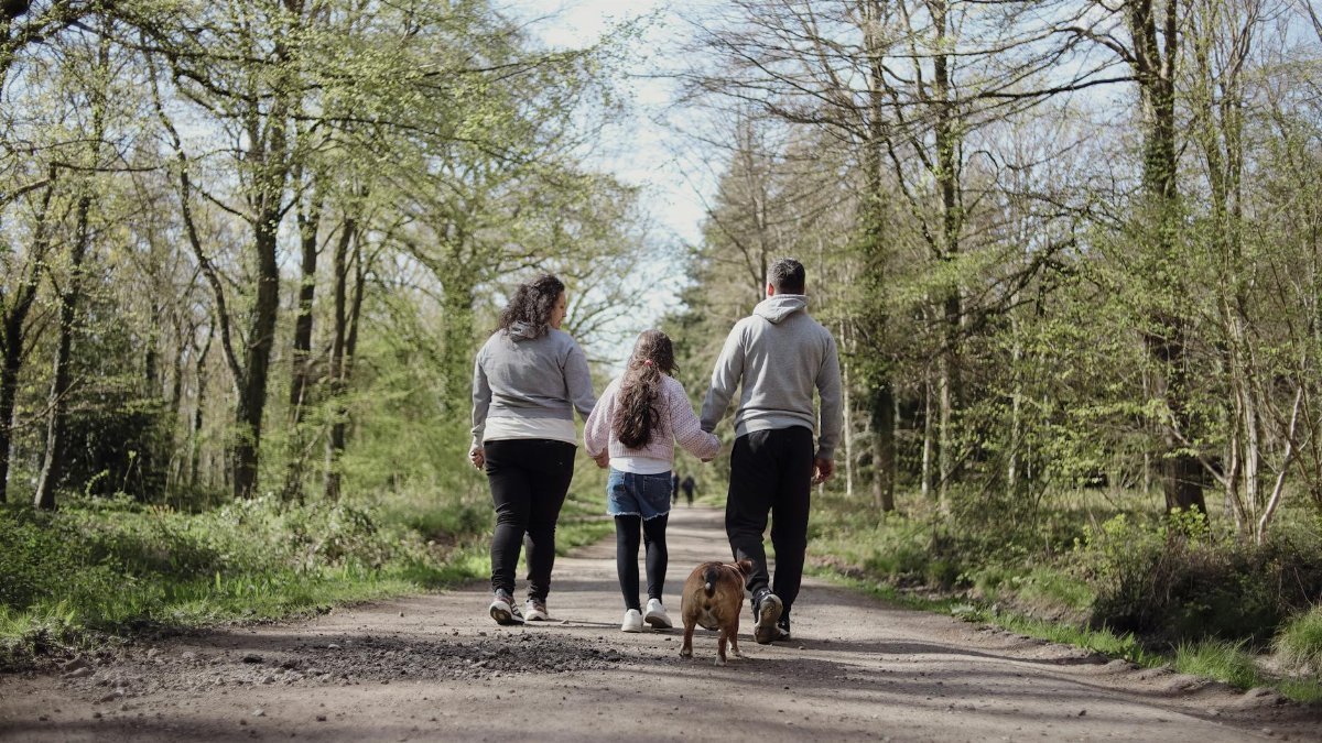 A family enjoying a walk with their dog on a picturesque forest path in spring.