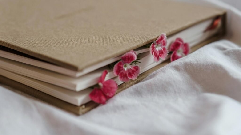 Agenda with hardcover and bright flowers with gentle petals between pages on creased textile