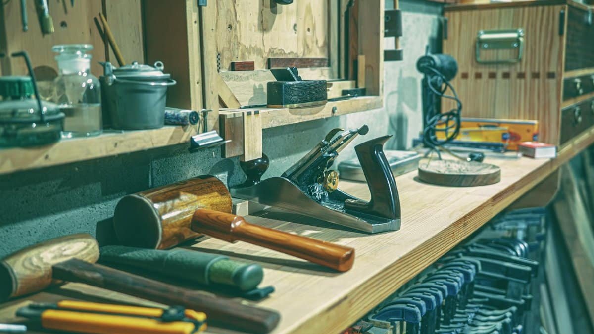 A tidy workshop bench with various woodworking tools and clamps neatly arranged.