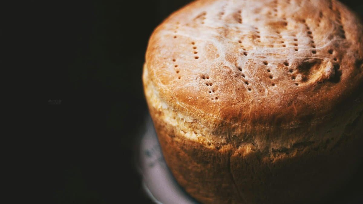 From above of delicious homemade fresh baked loaf of bread with patterns on top served on plate on blurred black background